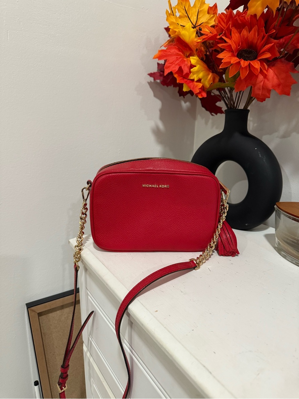 Michael Kors Bright Red Pebbled Leather Crossbody with Gold Chain
